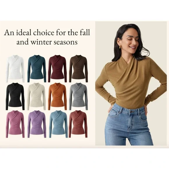 OGL Top Size M NEW Forest Night Blue Surplice Long Sleeve Top V Neck Stretch - Picture 10 of 12